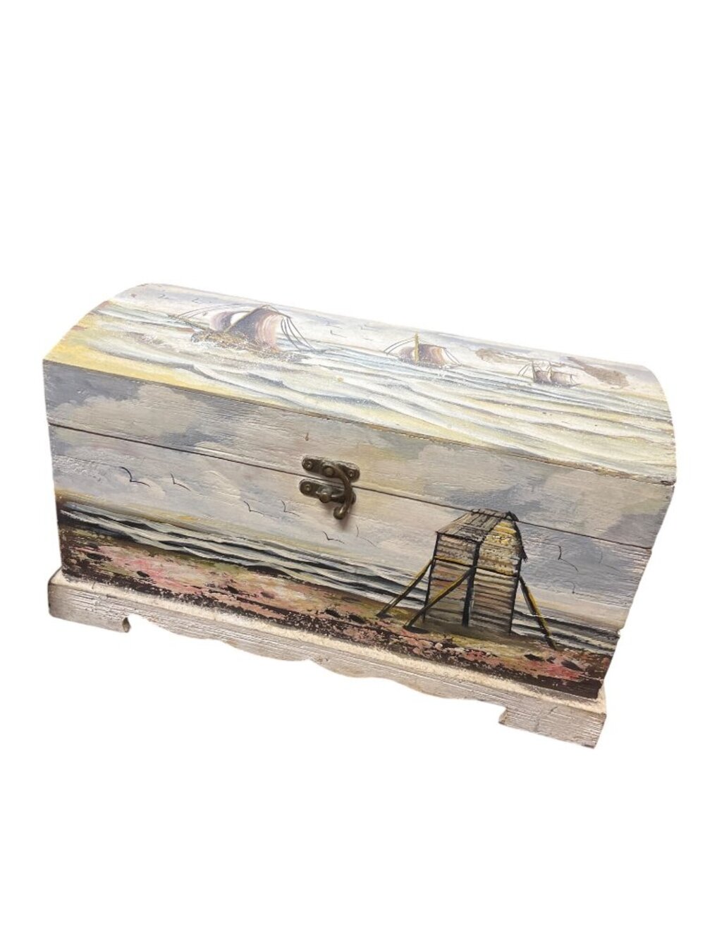 Handpainted vtg large ship sea theme wooden storage box SKU 10-568